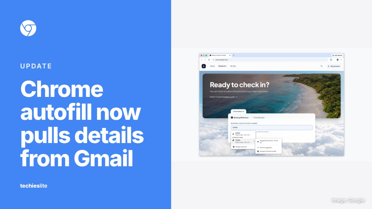 A Chrome window showing an airline check-in form with a booking code suggestion labeled Suggested by Gemini from Gmail