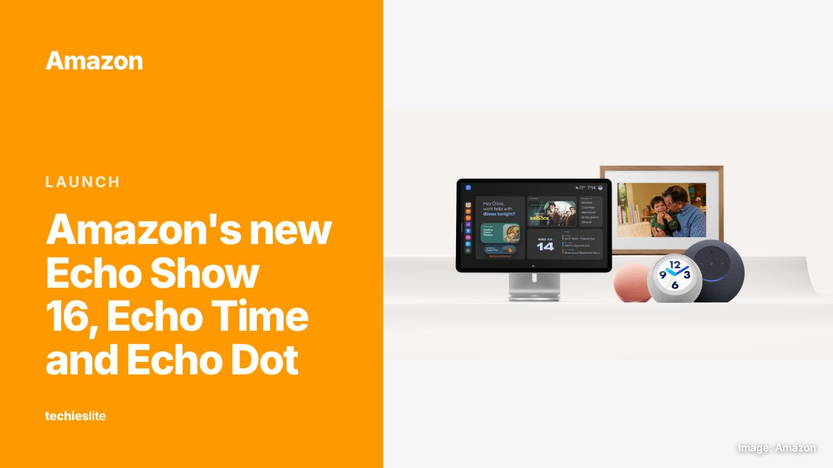 Amazon's new Echo Show 16 on a stand next to the Alexa Photo Frame in a wooden frame, with a pink Echo Dot, a white Echo Time clock and a dark Echo Studio in front