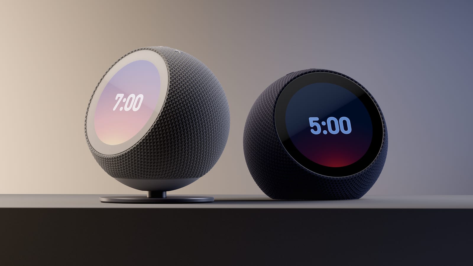 Two dark gray Echo Time clocks on a shelf, one on a round stand showing 7:00 on a pale sunrise-colored screen and one showing 5:00 on a dark screen