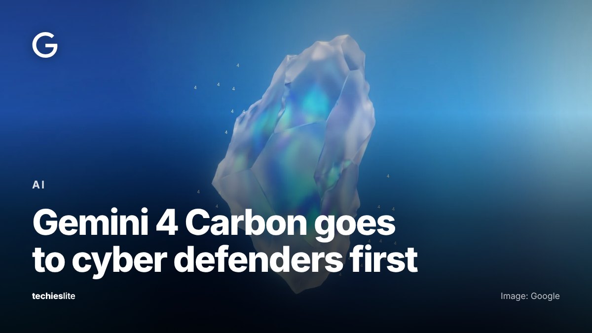 A faceted iridescent crystal floats against a blue background with small white number 4s scattered on either side, the header image from Google's Gemini 4 Carbon announcement