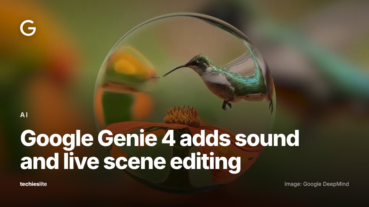 A hummingbird hovers over an orange flower inside a clear glass sphere, the header image from Google DeepMind's Genie 4 announcement