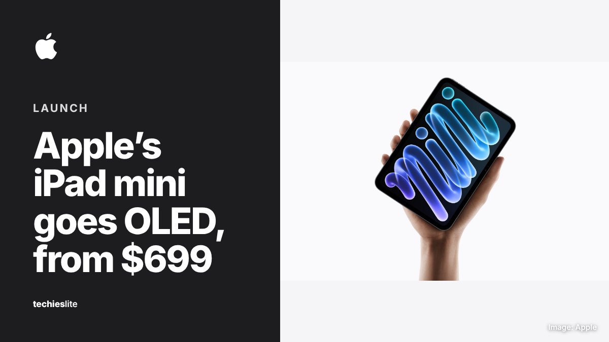 A hand holds the new iPad mini against a white background, its screen showing a glowing blue and purple "mini" lettering