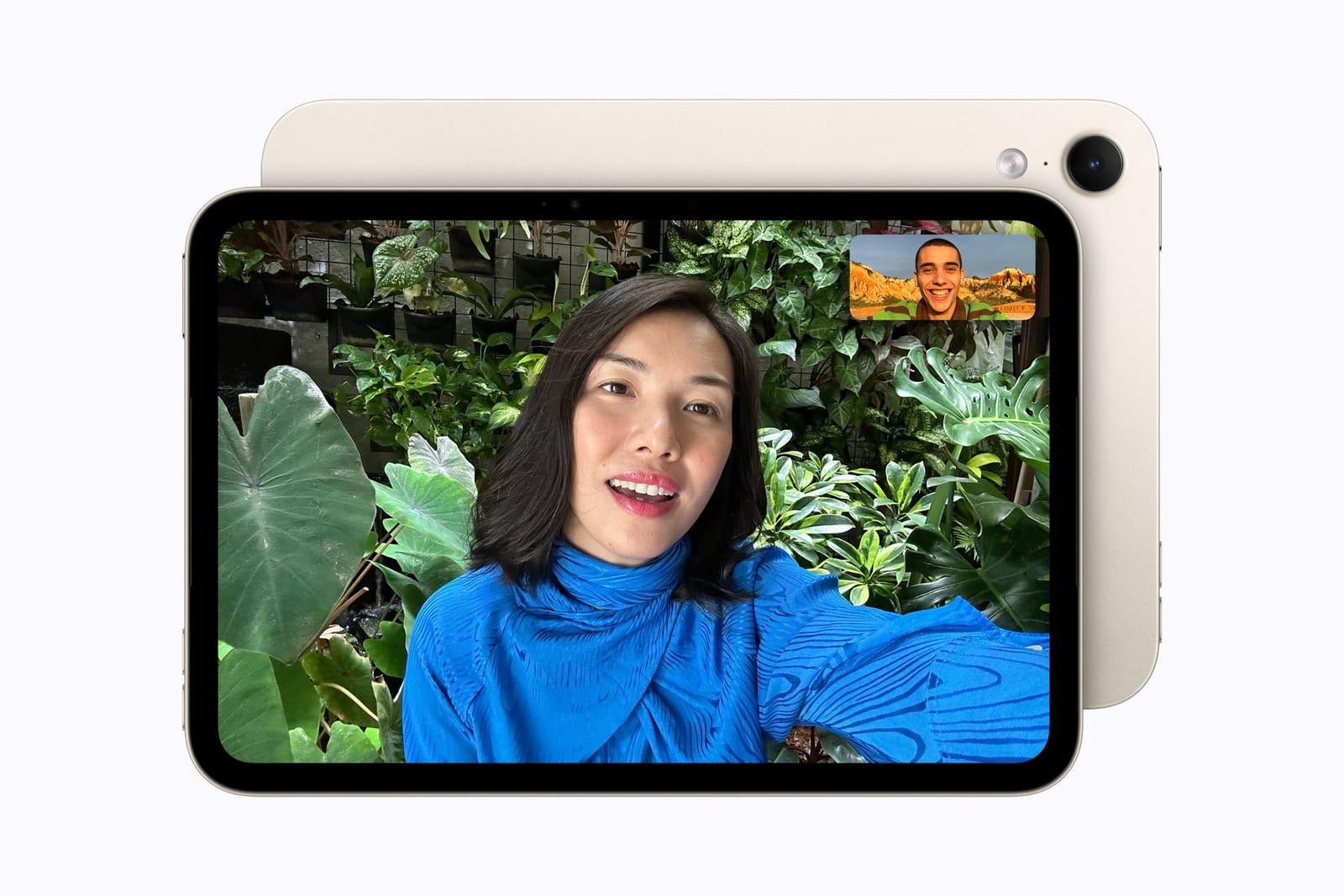 A starlight iPad mini in landscape orientation shows a FaceTime video call, with a second iPad mini behind it showing the rear camera and flash
