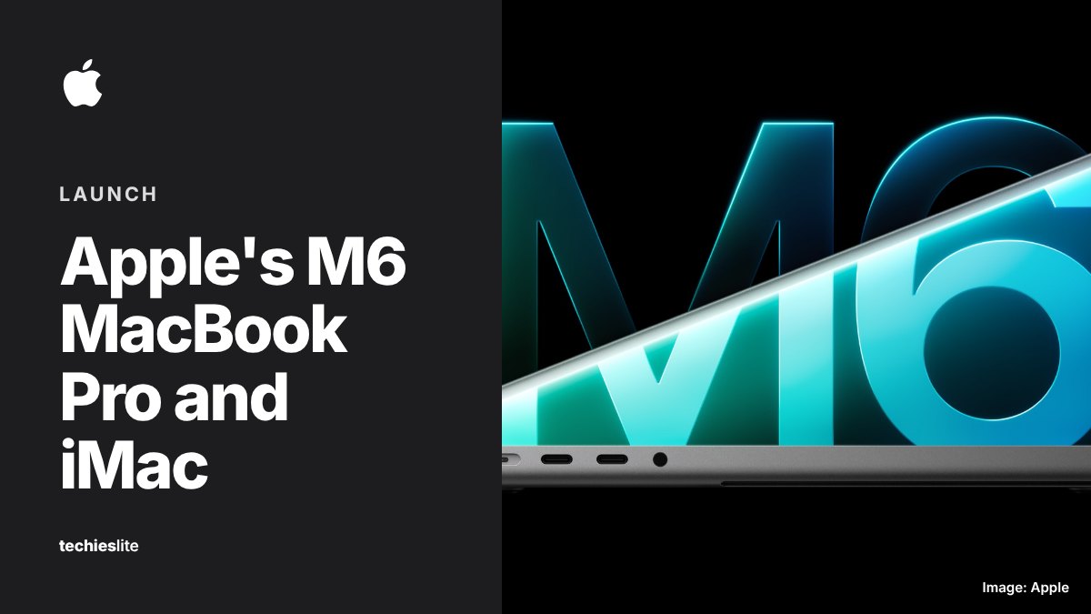 A partly open 14-inch MacBook Pro, side view, in front of large glowing blue-green M6 lettering on a black background